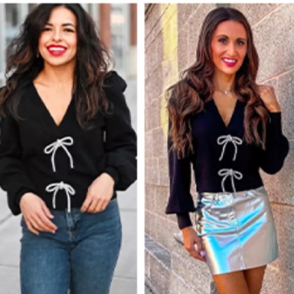 Express -viral ✨Holidays✨black embellished rhinestone bow front sweater cardigan - Picture 7 of 14